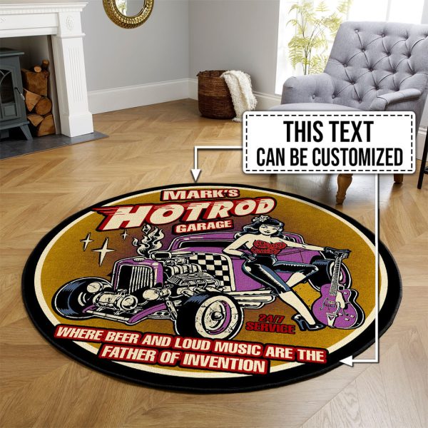 Personalized Hot Rod Garage Round Mat