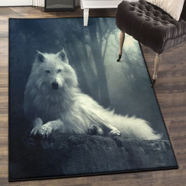 Grey Wolf Art Deco Rug White Wolf Rug Rectangle Rugs Washable Area Rug Non-Slip Carpet For Living Room Bedroom