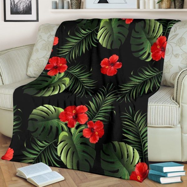 Red Hibiscus Tropical Forest Black Fleece Blanket - Image 2