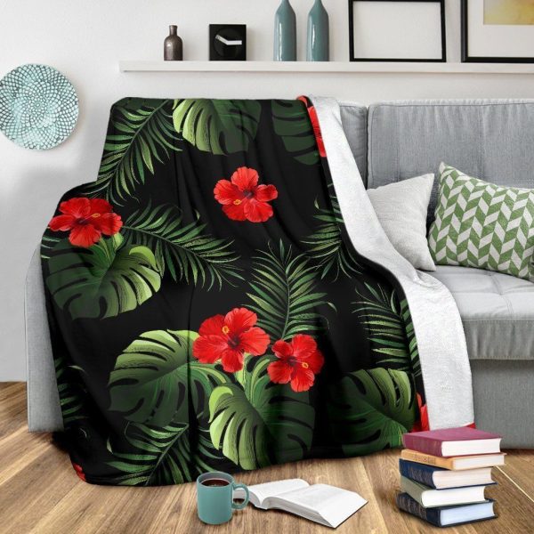 Red Hibiscus Tropical Forest Black Fleece Blanket - Image 3